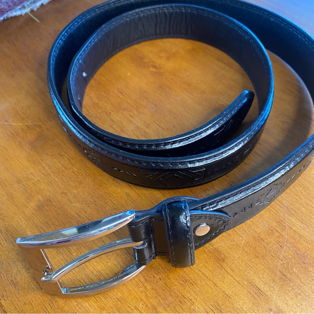 Canyon Sky Black Belt – Southwest Geometric Embossed – Silver Buckle – 44” Long - Picture 3 of 9